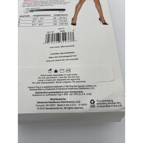 Hanes Regular Top Pantyhose Reinforced Toe Sheer Leg Size B Nude (2 Pair) - Picture 4 of 4
